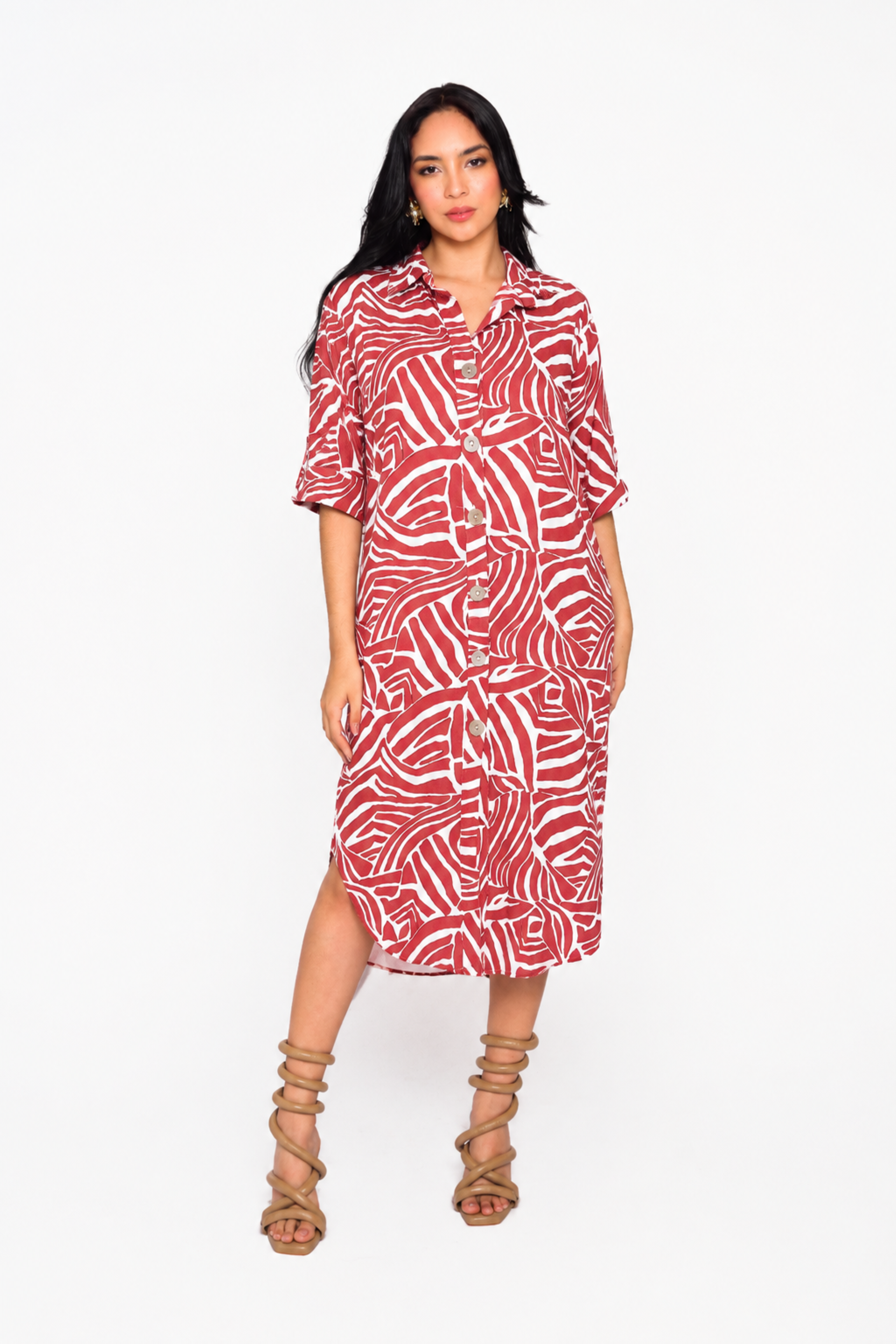 Vestido Catalina terracota midi camisero estampado zebra - 03PPM03092