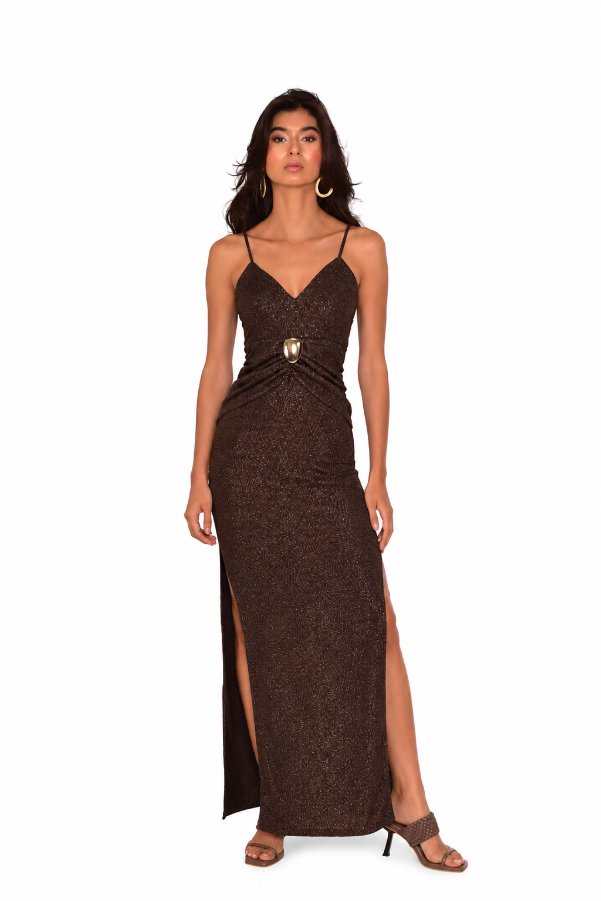 Vestido Isabella cafe brillante con broche dorado - 03PPM06082